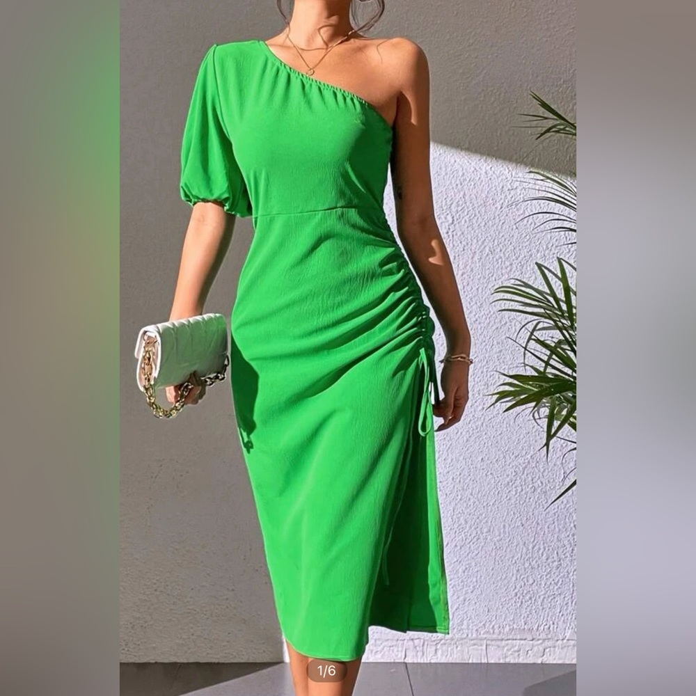 One shoulder Kelly green midi dress.